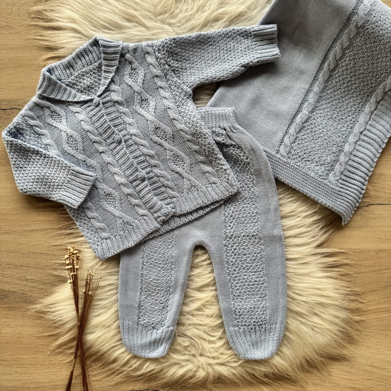 Wavy Knit Coat Maternity Take-Home Set with Collar – 3 Pieces, Powder Blue