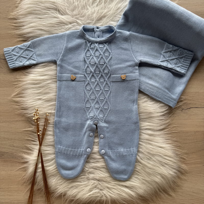 Embroidered Maternity Take-Home Set with Front Knit and Bubble Texture – 2 Pieces, Powder Blue