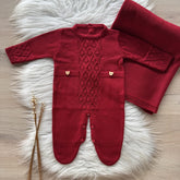 Embroidered Maternity Take-Home Set with Front Knit and Bubble Texture – 2 Pieces, Red