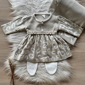 Animal Print Maternity Take-Home Set with Bow and Buttons – 3 Pieces, Beige