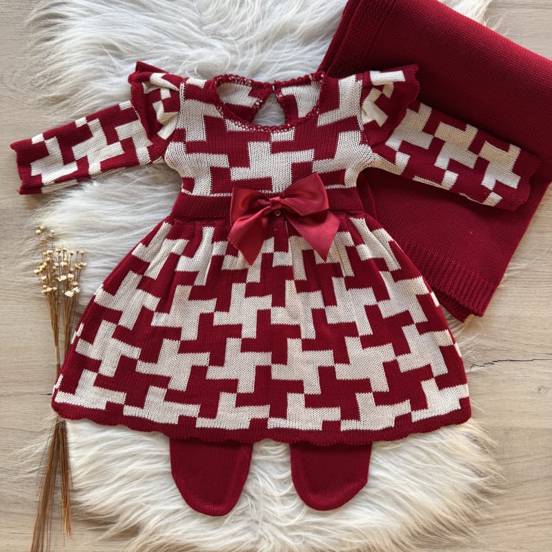 Bicolor Maternity Take-Home Set with Luxury Bow – 3 Pieces, Red and Beige